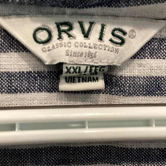Orvis Women Linen Button Up Shirt Plus Size XXL Blue White Stripe Nautical Beach - Picture 2 of 9